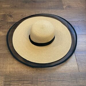 Wide Brim Sun Hat with Sheer Black Trim Vacation Resort Beach Summer Hat OSFM